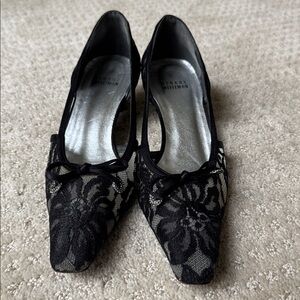 Stuart Weitzman | Black Embroidered Mesh Pumps Point Toe & Bow Detail | Size 6.5